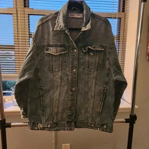 Zara Womens Oversized Casual distressed Denim Jacket Medium Wash Blue Size Large